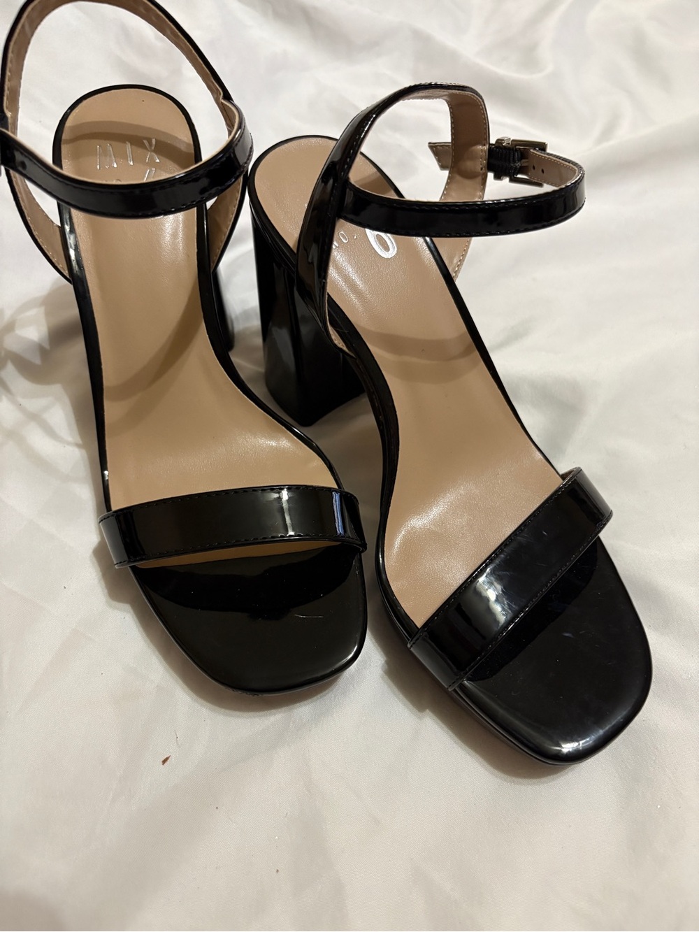 Mix No. 6 Black Patent Block Heel Ankle-Strap Sandals
